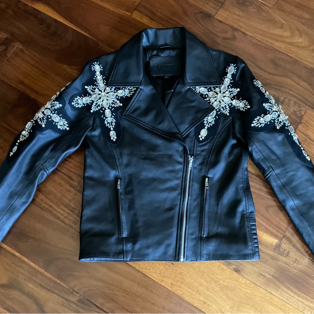 Leather Studded Black Rhinestone Moto Jacket by Madonna & Co. NYC.